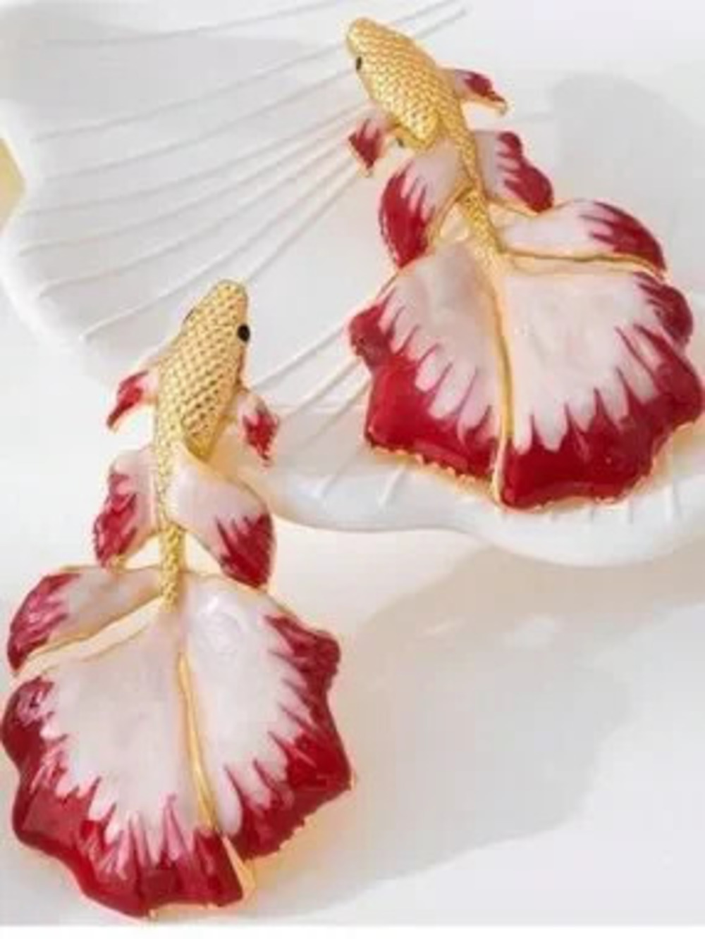 Koi Fish Statement Earrings Red White Enamel Gold Dangle Bold Artistic